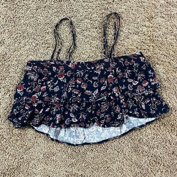 ZARA Floral Crop Top Womens Medium Boho Spaghetti Straps Tiered Ruffle Shirt - Picture 8 of 9